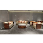 Beige Leather Sofa Set with Natural Ebony Wood Veneer, Embroidered Wing Craftsmanship & Stainless Steel Trim